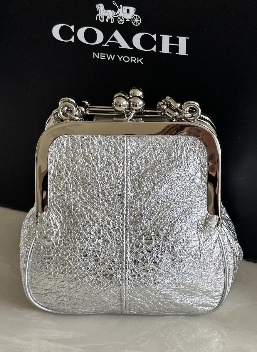 COACH METALLIC SILVER LEATHER DOUBLE KISSLOCK SATCHEL BEAD CHAIN
