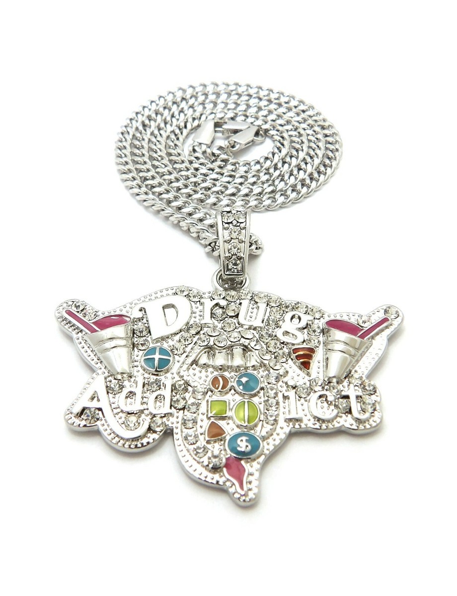 Silver PT Icy Lil Pump DRUG ADDICT Pendant Box Cuban Rope Chain