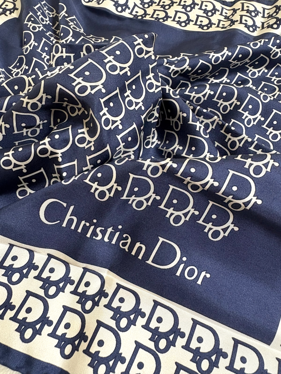 Christian Dior Silk Scarf Trotter Monogram Logo Pattern White Navy