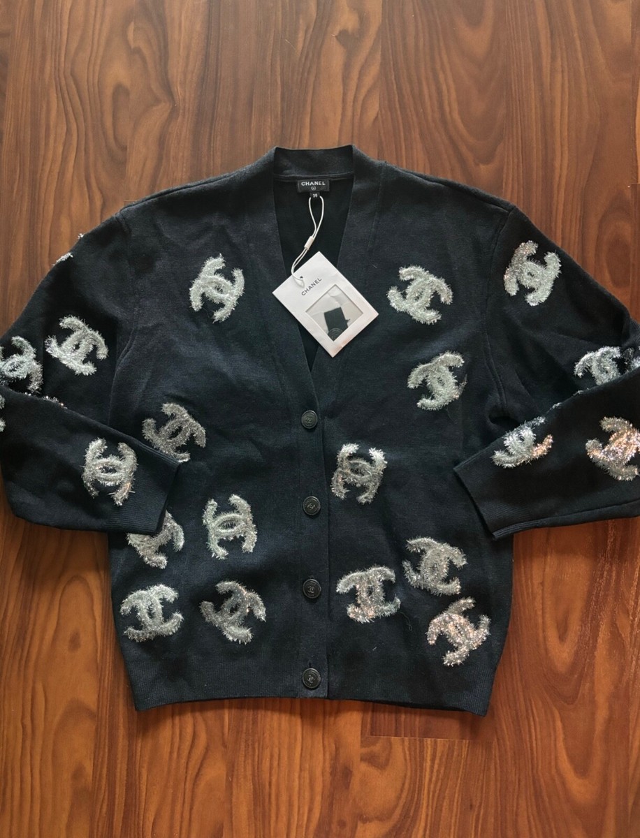 CHANEL Cardigan Sweater, Grey with Silver Tinsel CC, Size 36, New