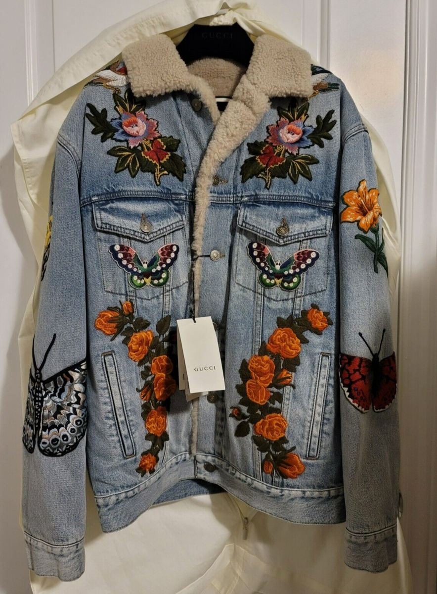 GUCCI sz IT 44 US XS Mens Embroidered Denim Jacket with Shearling