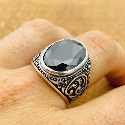 Silver Mens Ring, Black Onyx Oval Gemstone Ring, Turkish Handmade