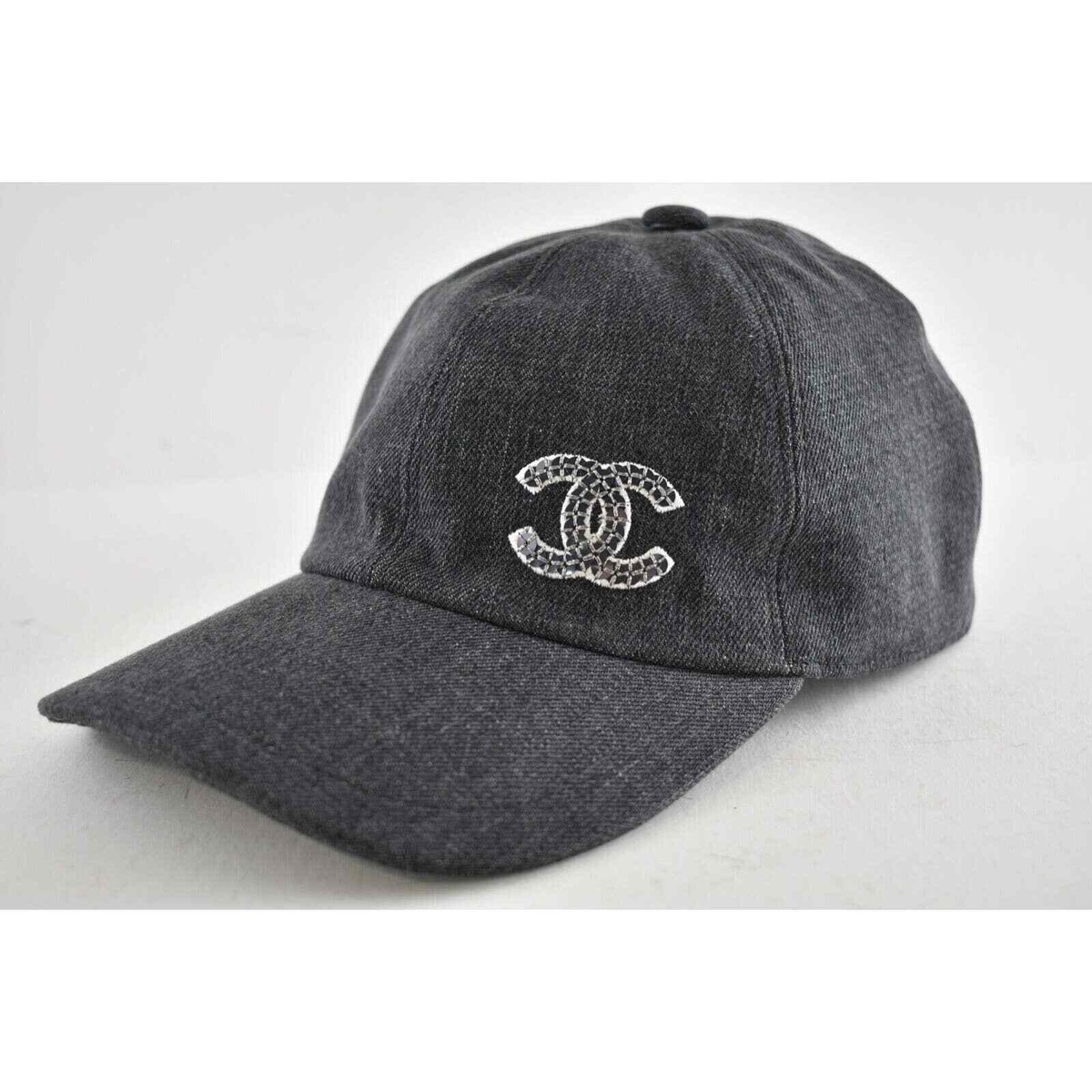 Chanel 22P Black Denim Sequin CC White Logo Baseball Cap Curved