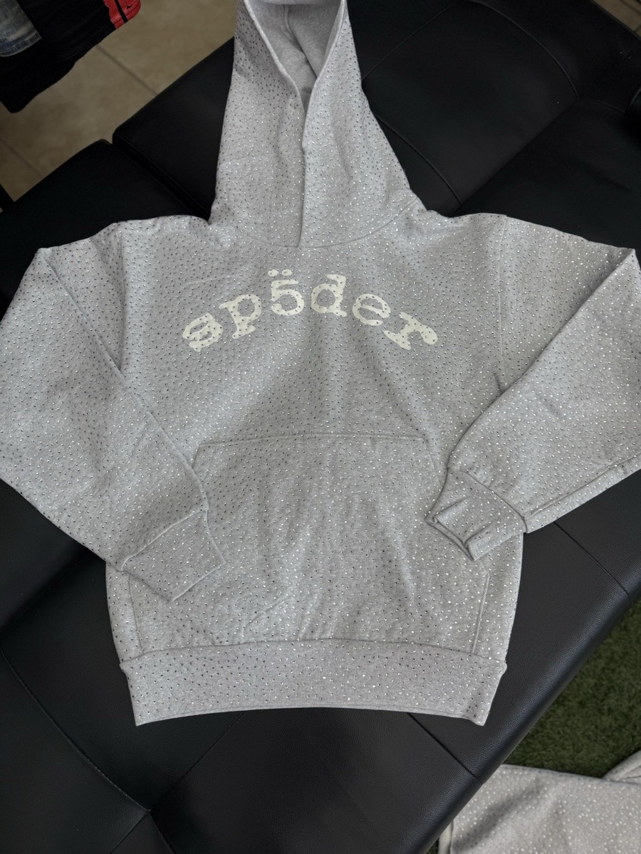 Size XS - SOLD OUT Sp5der Worldwide Grey Hoodie “VVS Rhinestones