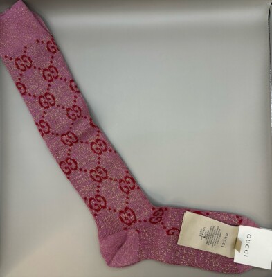 Gucci GG Logo Glittery Socks Pink Women's Size M 9 (20-22cm