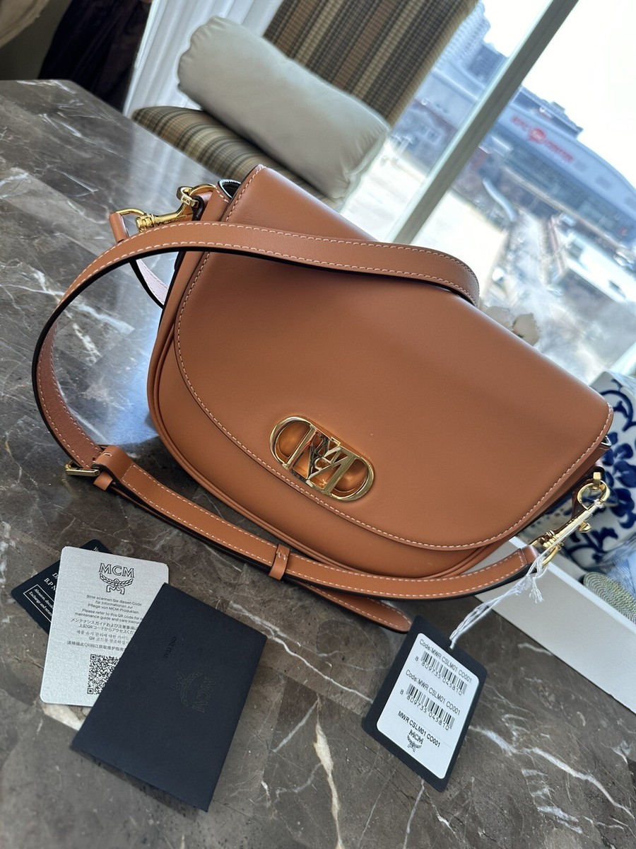 MCM Mode Mena Small cognac Leather Shoulder Saddle Bag New