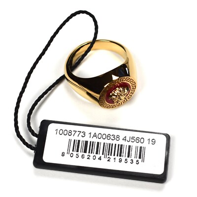 NWT $350 VERSACE Gold Red Medusa Logo Ring 19 IT 8 US Men's