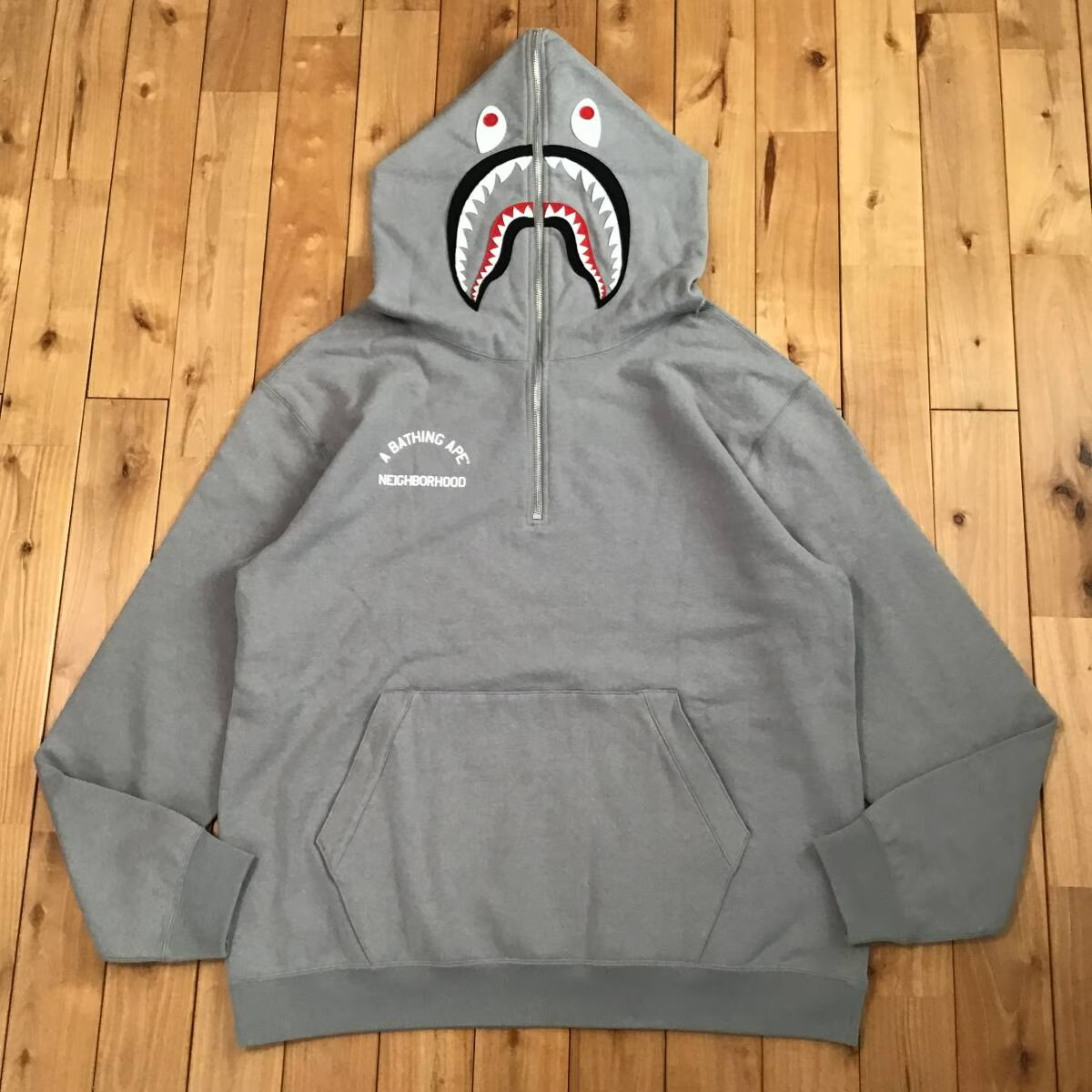 BAPE × Neighborhood Two Face Shark Half Zip Pullover Hoodie Gray