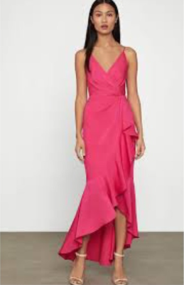 NWT BCBG MAX AZRIA $298 FUCHSIA FAUX WRAP RUFFLE GOWN MAXI DRESS