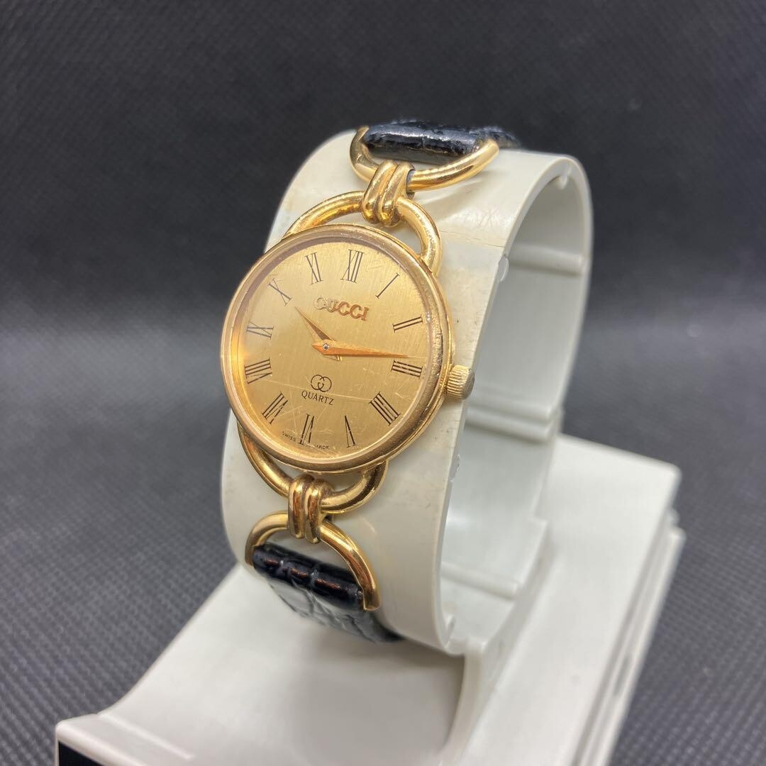 Gucci 6000L Watch Ladies 23mm Quartz Round Gold Dial Swiss Made