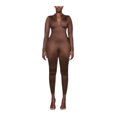 Skims All-in-One Shine Mock Neck Long Sleeve One Piece in Cocoa