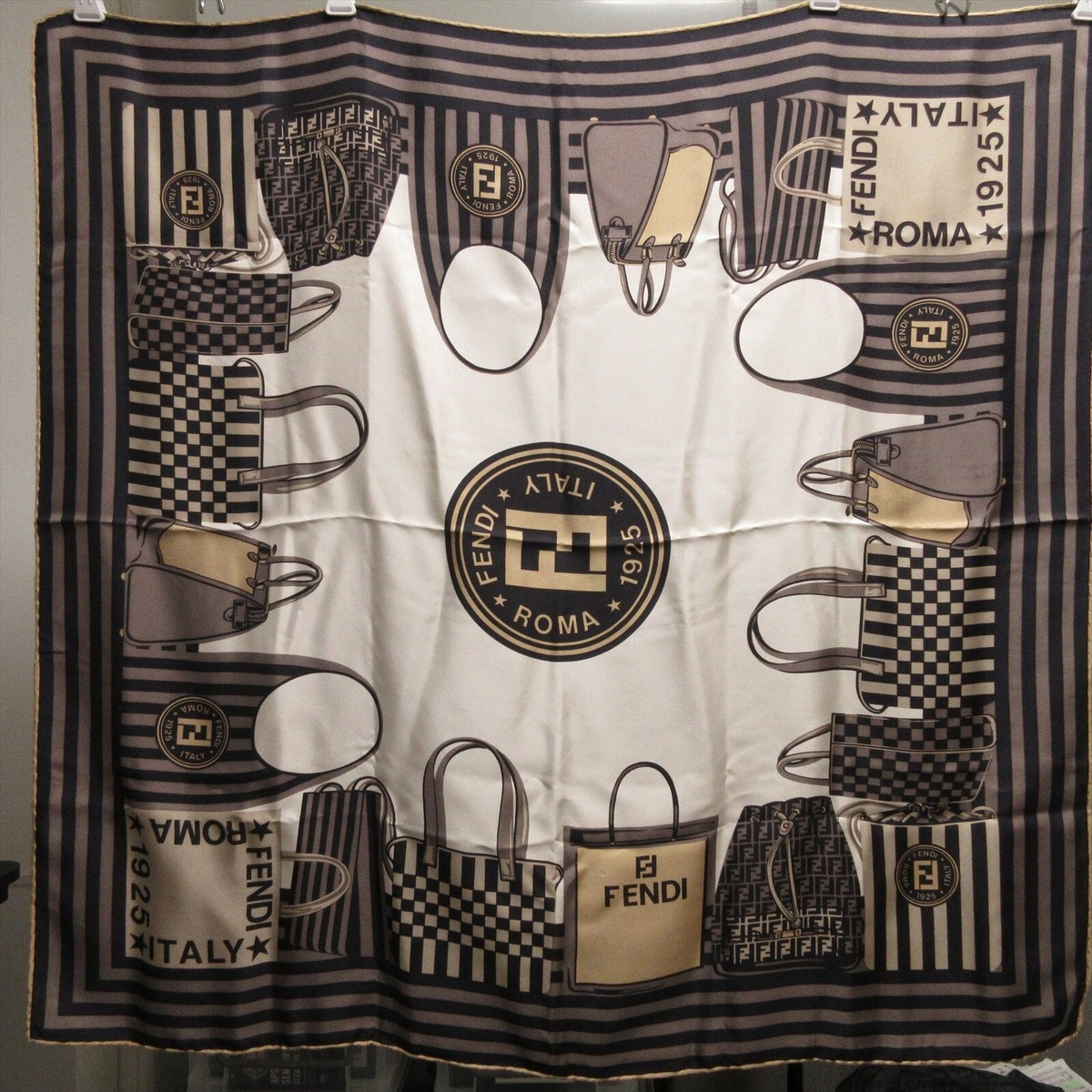 FENDI large scarf Silk square Scarf 86cm 33″ logo beige black