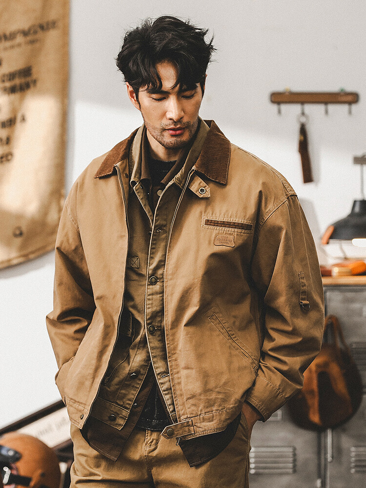 Retro Jacket Mens Spring Fashion Workwear Zipper Casual Lapel