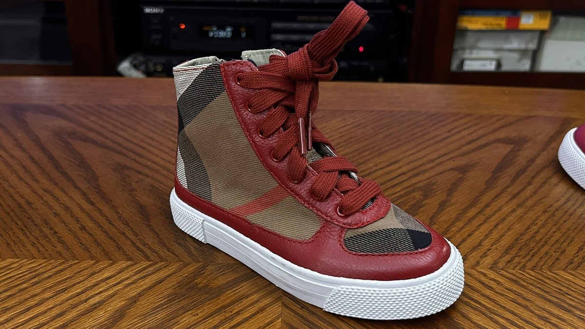 Burberry Children Toddler High Top Sneakers Check Canvas Red