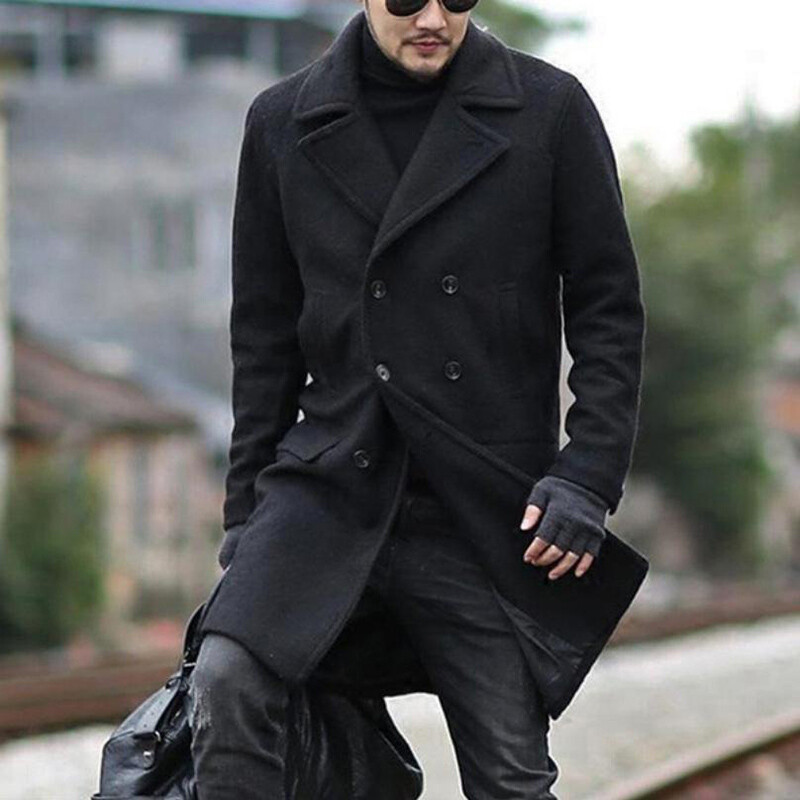 Men's Double-Breasted Lapel Collar Jacket Wool Coat Trench Winter