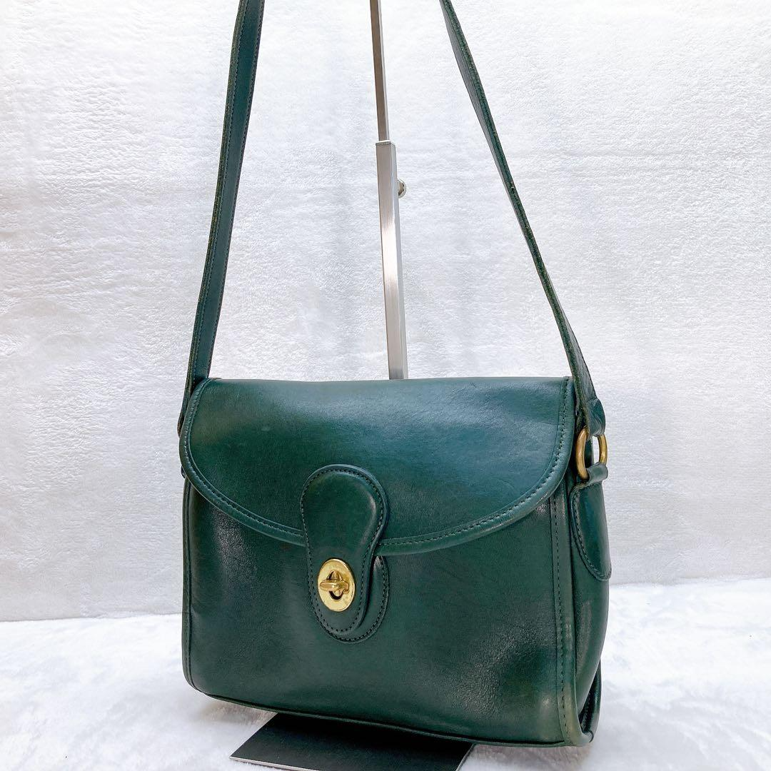 OLD COACH Shoulder Bag Vintage Green Leather Turn Lock Made in USA