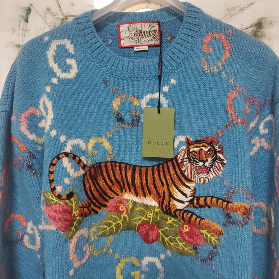 GUCCI Wool Sweater Turquoise Blue Tiger Embroidery Men's M Ships
