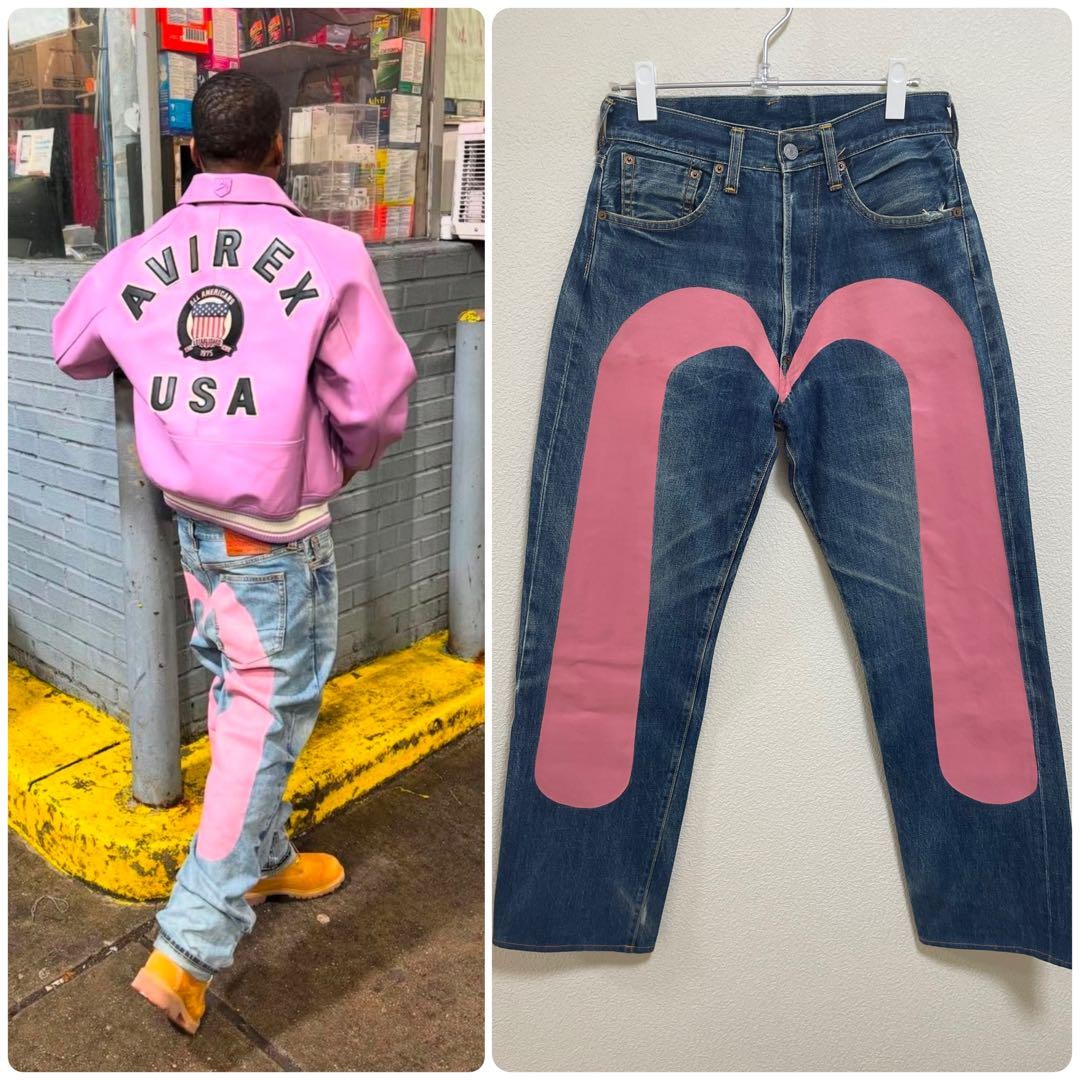 EVISU No.2 Lot.2501 W29 L35 Pink Big Seagull Wide Denim Jeans | eBay