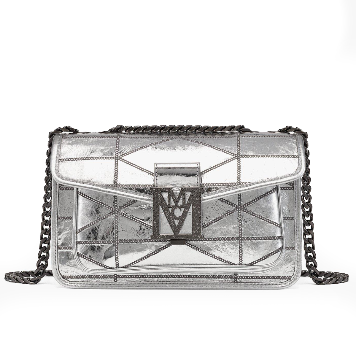 MCM Travia Silver Quilted Crash Calf Leather Shoulder Bag