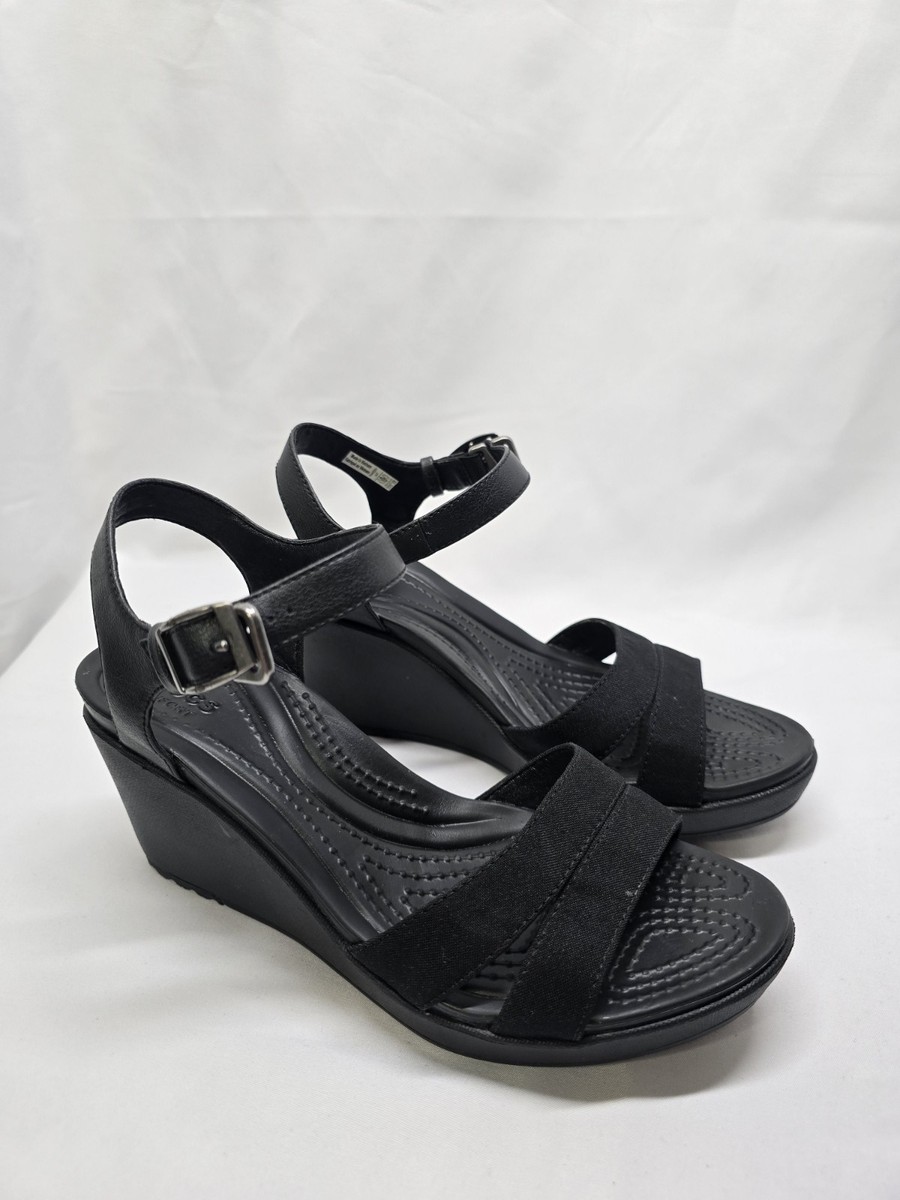 Crocs Leigh II Cross Strap Strappy Ankle Wedge Sandals Black