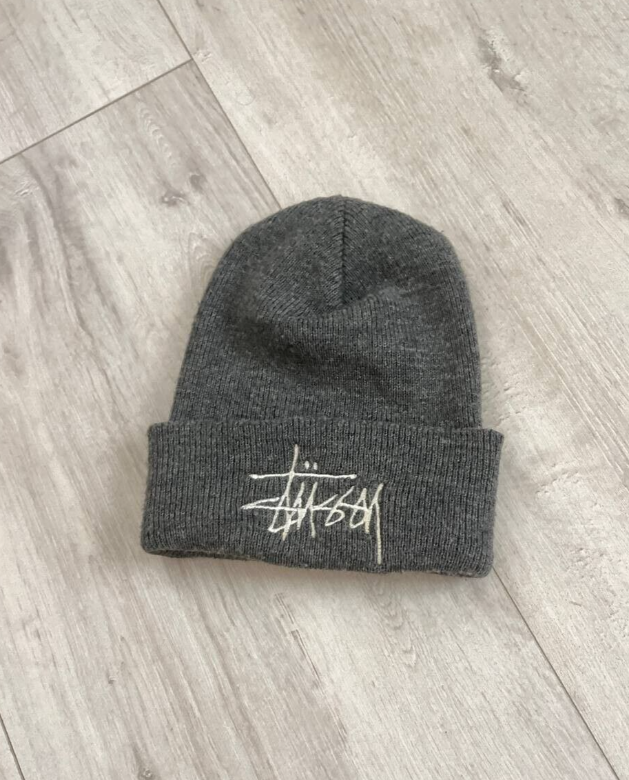 Stussy Vintage 90s Made in USA Embroidered Logo Beanie Hat Gray OS