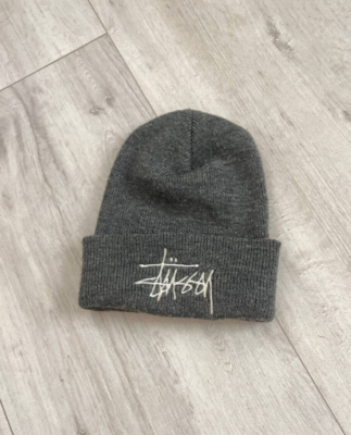 Stussy Vintage 90s Made in USA Embroidered Logo Beanie Hat Gray OS
