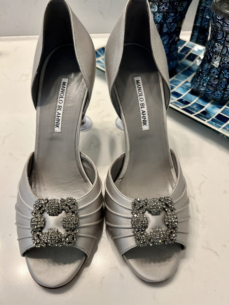 Manolo Blahnik Grey Silver Cassiado Ornamented Satin Open-toe