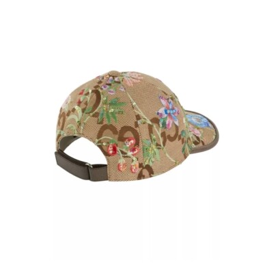 💎 GUCCI HAT JUMBO CANVAS GG BASEBALL WITH FLORAL EMBROIDERY