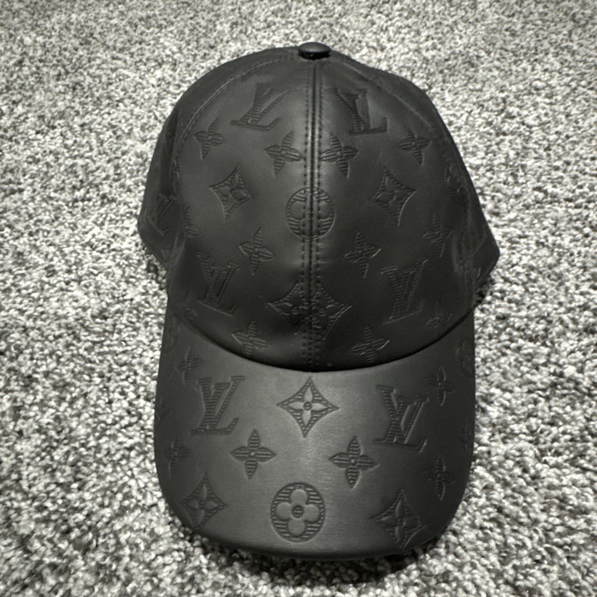 Louis Vuitton Mens Baseball Cap Black Leather Embossed Monogram