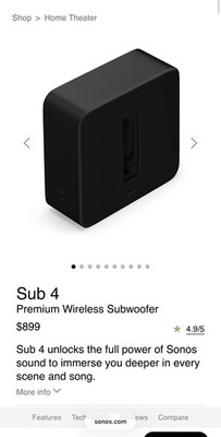 Sonos Gen 2 Sub Wireless Wi-fi Home Theater Powered Subwoofer