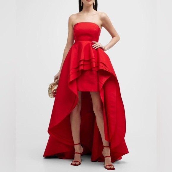 Carolina Herrera Tiered Ruffle Dress Strapless High-Low Gown Red