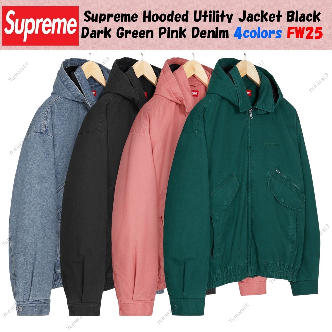 Supreme Hooded Utility Jacket Black Dark Green Pink Denim 4colors