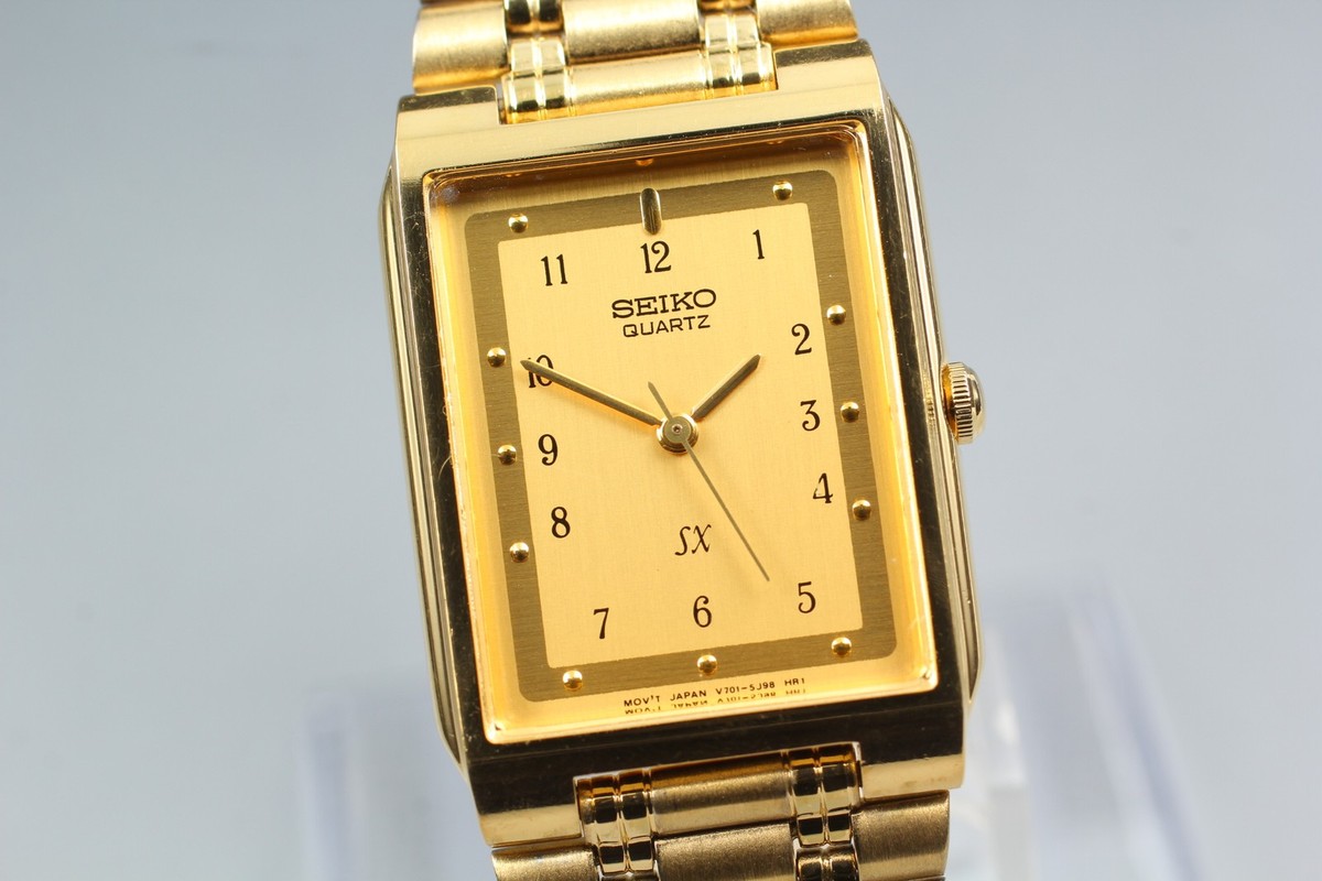 Vintage 1992 Seiko SX V701-5J20 Gold Rectangle Quartz Mens Watch