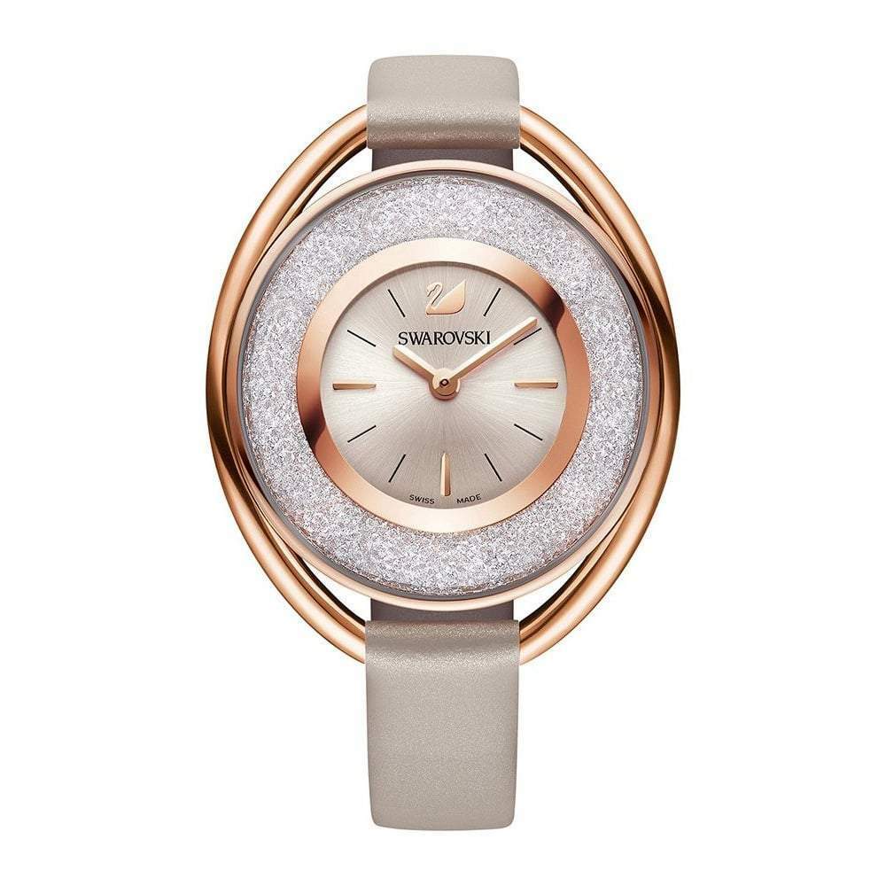 SWAROVSKI CRYSTALLINE OVAL WATCH, LEATHER STRAP, GRAY, ROSE GOLD