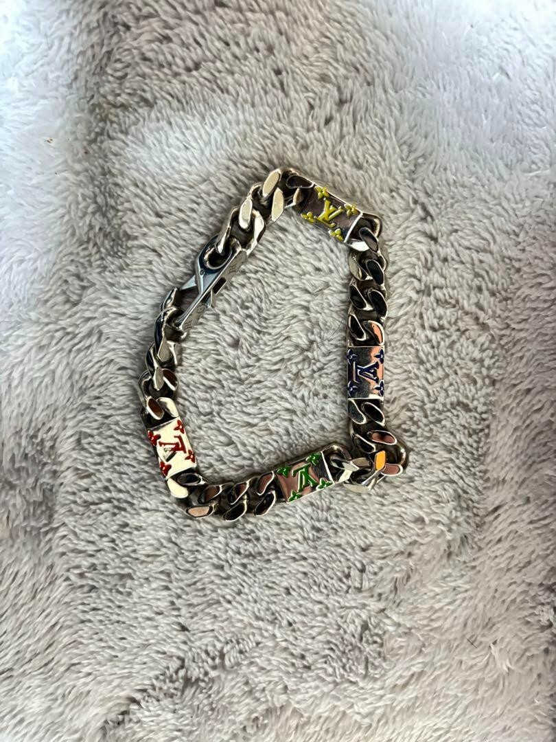 Louis Vuitton M1409L Silver Multicolor LV Chain Bracelet 22cm Mens