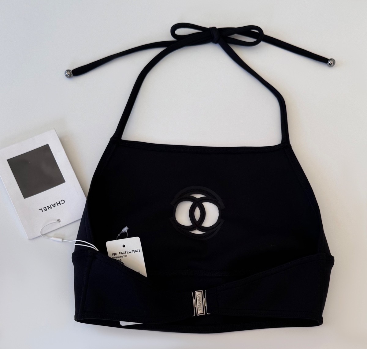 NWT 19C CHANEL BLACK CUT OUT CC LOGO SWIMSUIT CROP TOP PANTS SET
