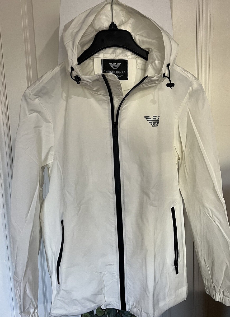 Giorgio Armani Men's Logo Print Hooded Blouson Jacket Size L White