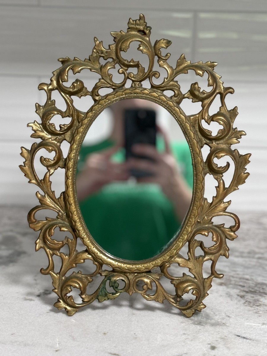 Antique Victorian Heavy Brass Art Nouveau Oval Self Standing Glass