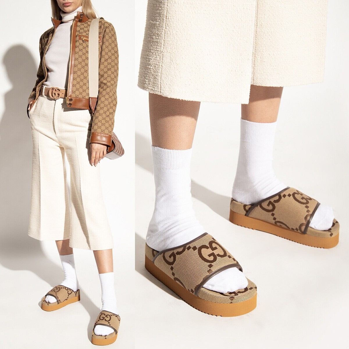 $690 GUCCI GG LOGO JUMBO CANVAS PLATFORM SLIDES sz 8 38 700301 | eBay