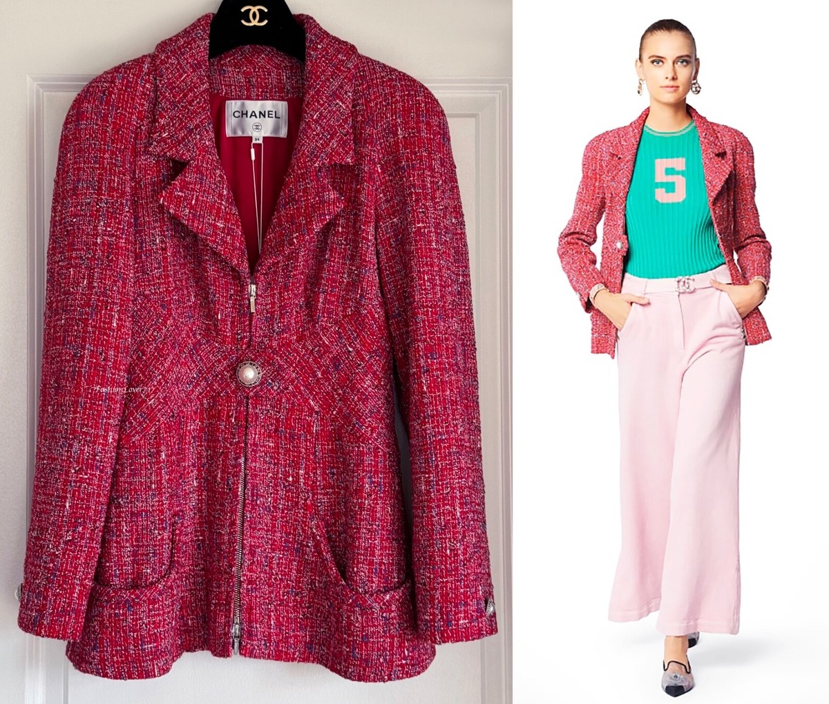 NEW CHANEL 19P RED NAVY BLUE WHITE TWEED PEARL CC BUTTONS JACKET