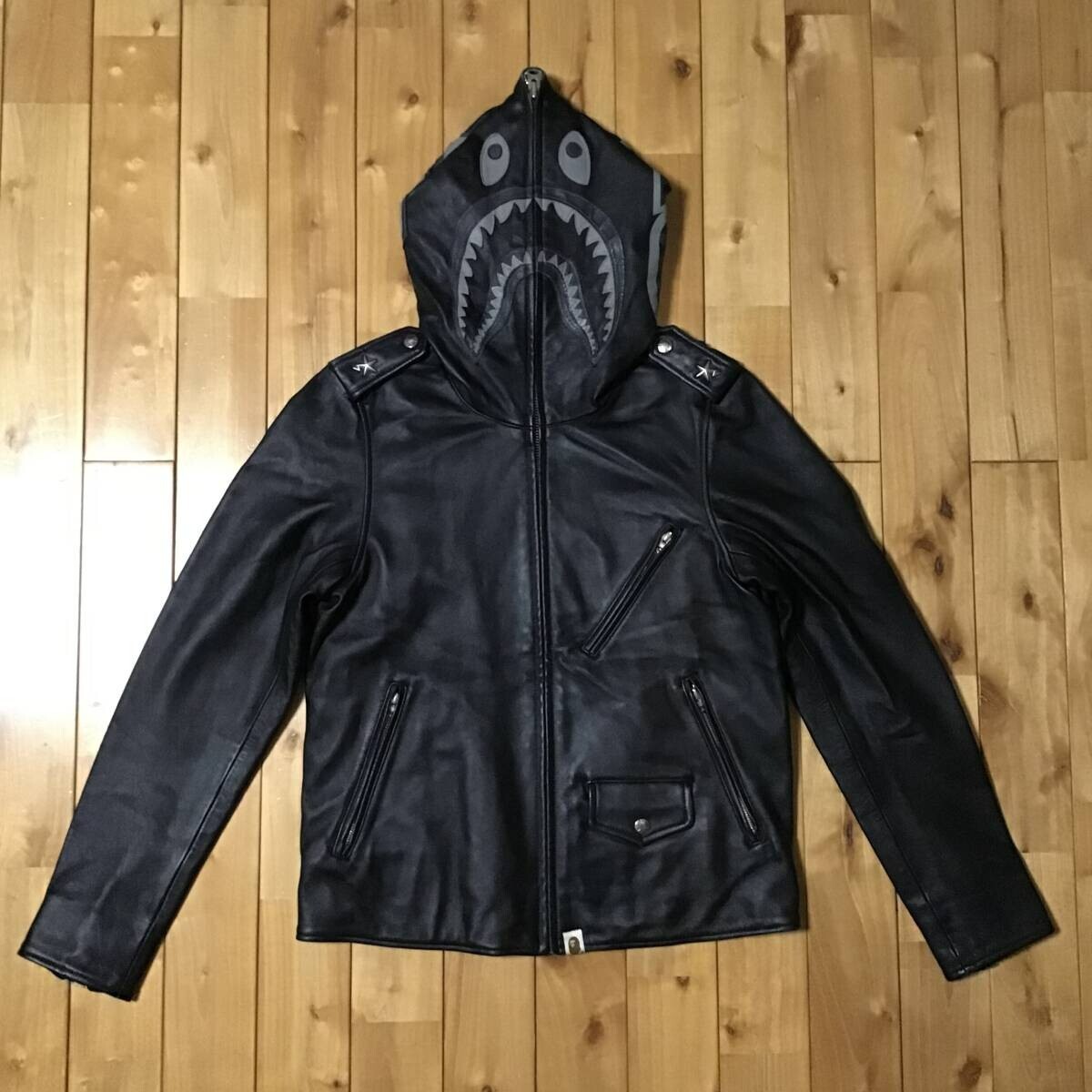 BAPE sheepskin leather shark full zip hoodie biker jacket A
