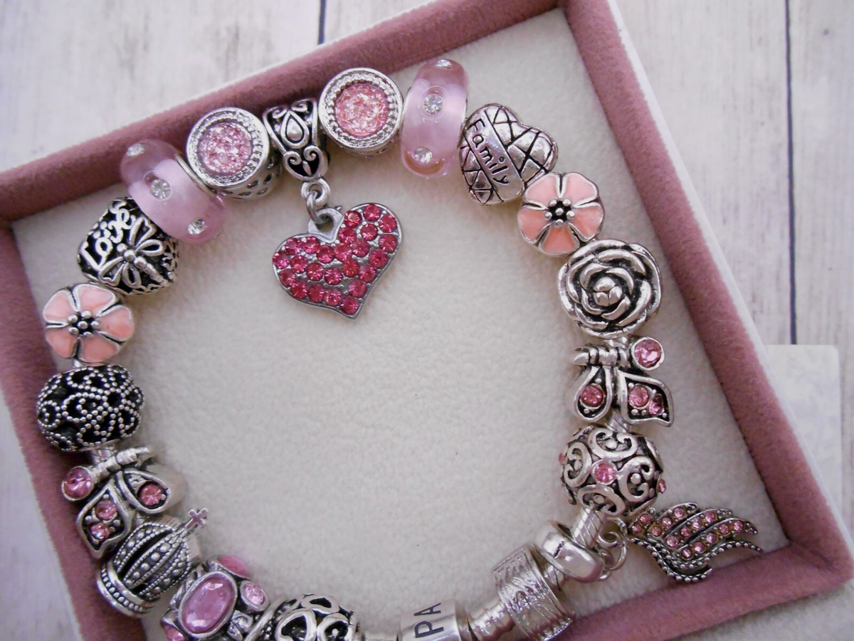 AUTHENTIC STERLING SILVER CHARM BRACELET PINK CRYSTAL HEART LOVE