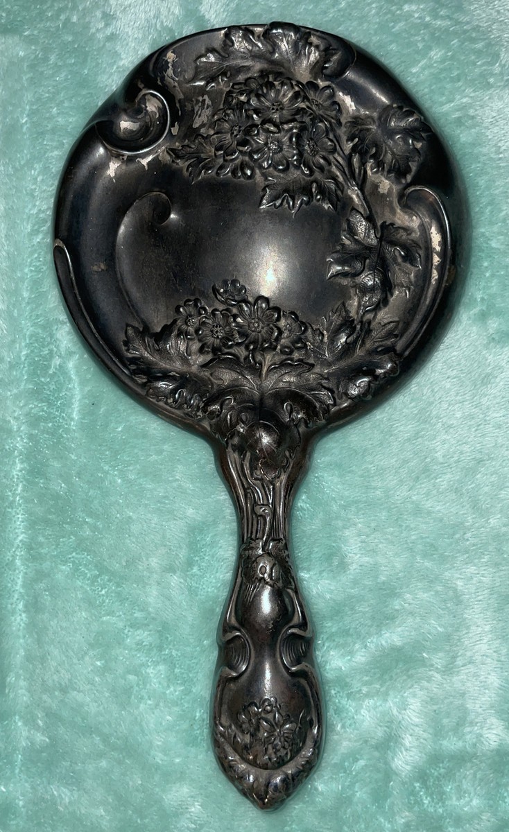 Antique Hope Silver Co Silver Plated Repousse Floral Hand Mirror