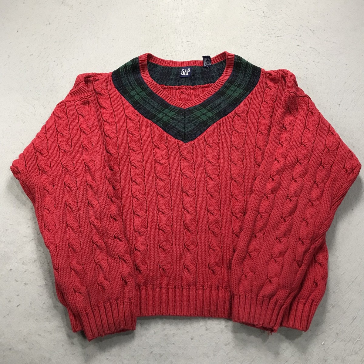 VINTAGE GAP Sweater Mens XL Red Blue Cricket Cable Knit Cotton V