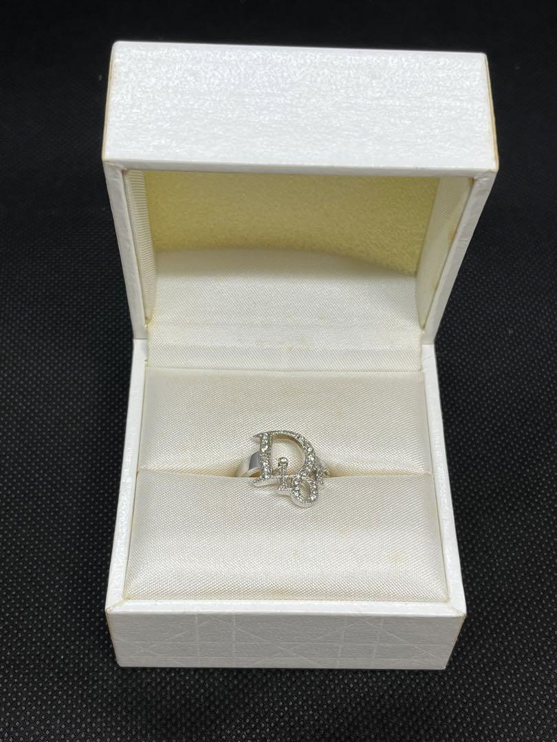 Christian Dior Ring US5 Silver Stone Logo Top 1.6 x 1.6cm with Box