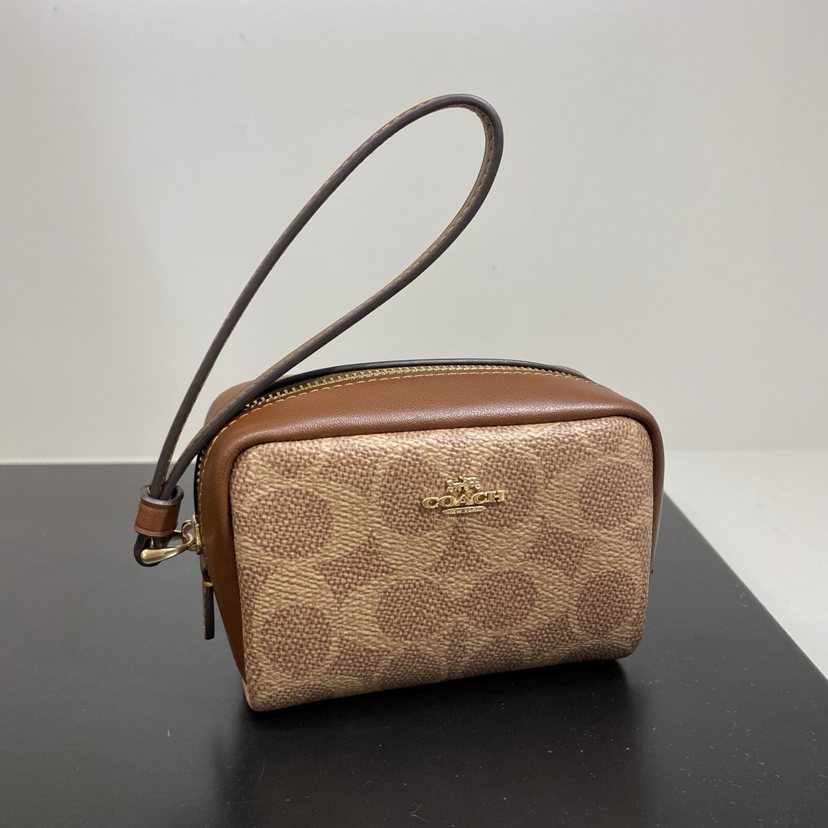 New Coach Pouch Wristlet In Signature Canvas CW907 Gold/Tan/Brown