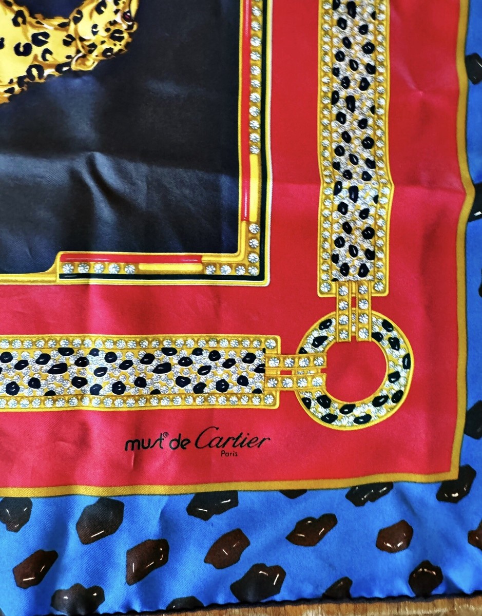 Must De Cartier Silk Scarf Panther Jewelry 34in Blue Red Gold