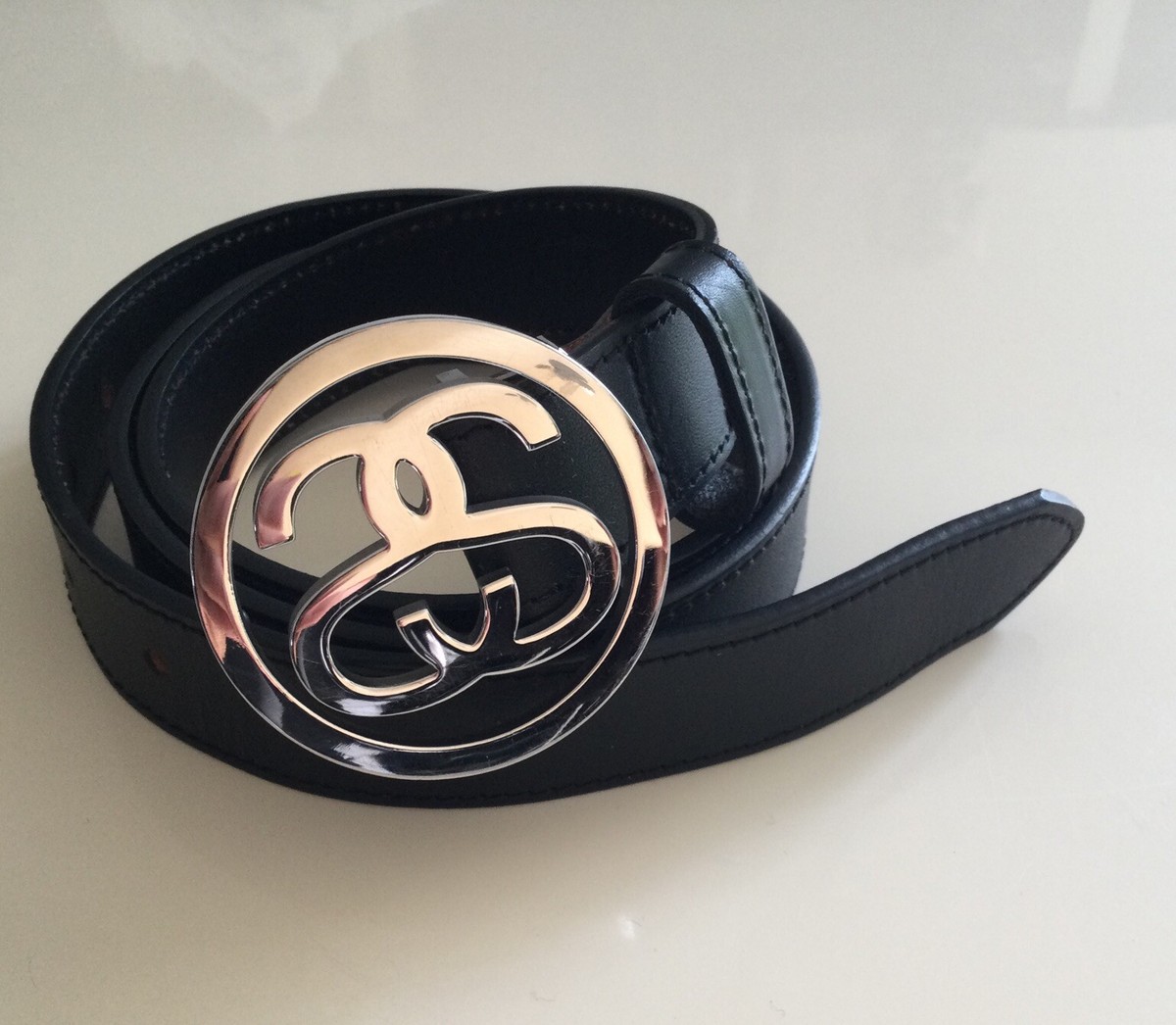 Stussy SS-Link Silver Buckle Black Leather Belt Size L/XL | eBay UK