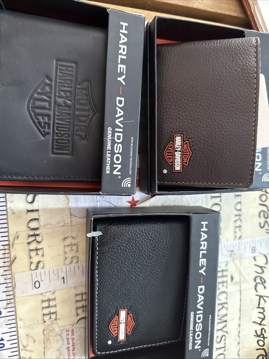 New 3X Harley Davidson Men's Wallet Bi-fold 100% Leather Logo RFID