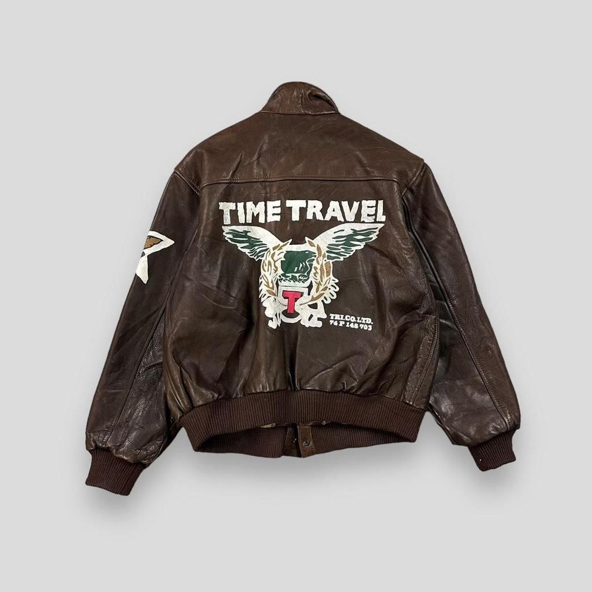 Vintage 80s Triangle Express Graphic Leather Bomber Jacket Brown